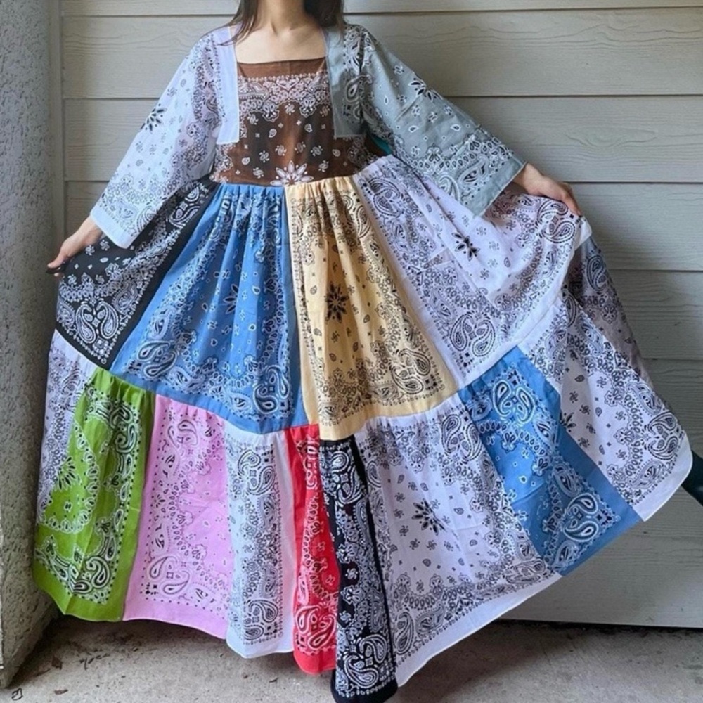 Handmade Hand Dyed/Bleached/Solid Mixed Voluminous Bandana Dress SKU 10375